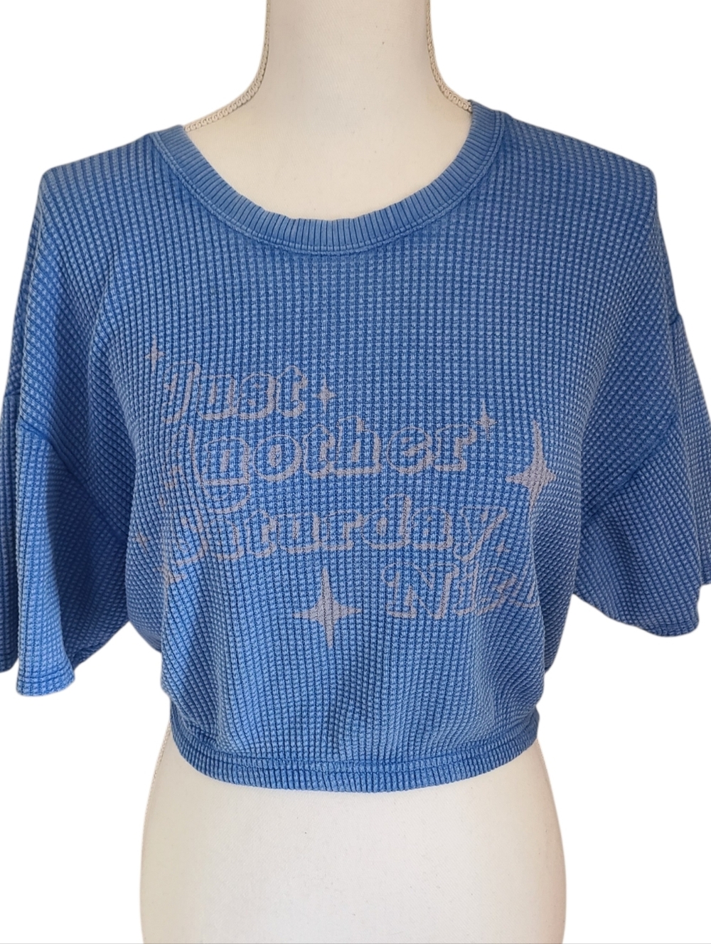offline by aerie blue waffle knit graphic crop top size XS